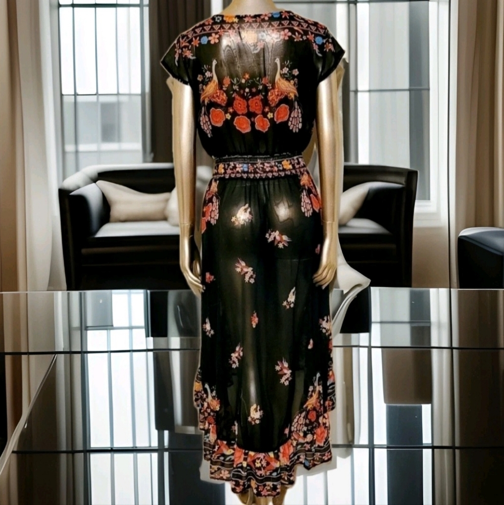 NWOT Floral Shirred Waist Tie Front Ruffle Hem Boho Sheer Dress Sz M - Picture 16 of 16